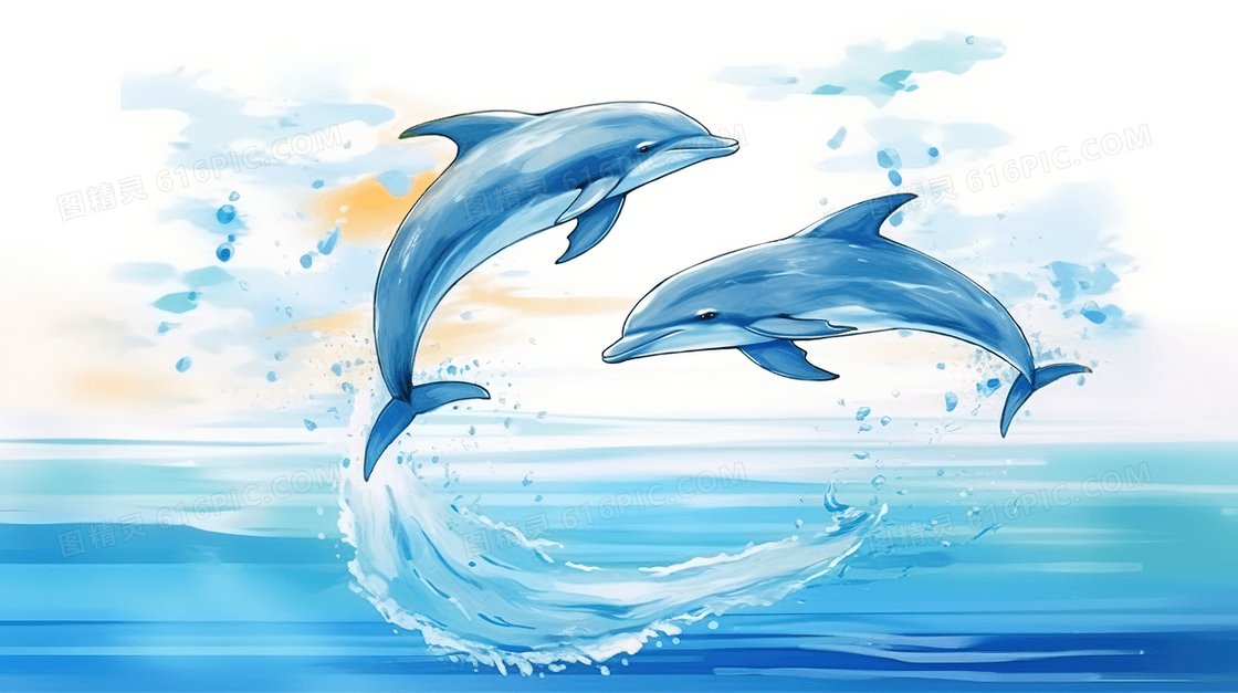 大海中跳跃的海豚插画