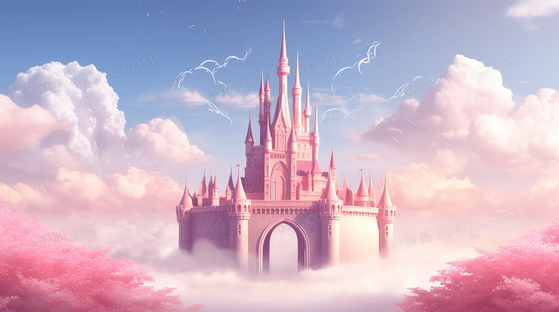 唯美粉色系城堡插画