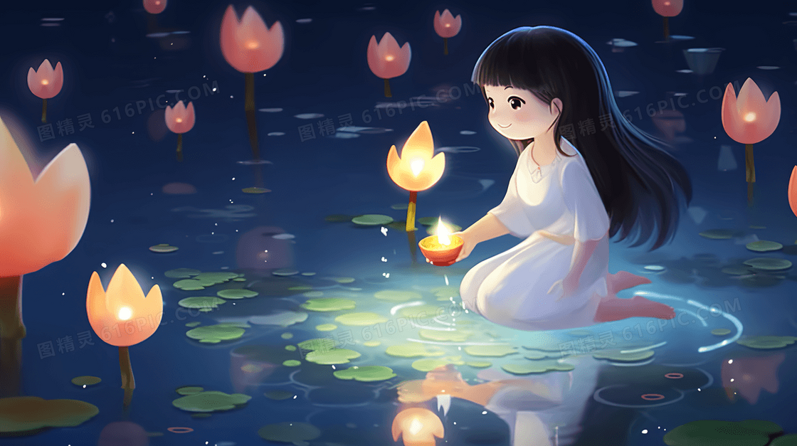 中元节放河灯的小女孩卡通插画