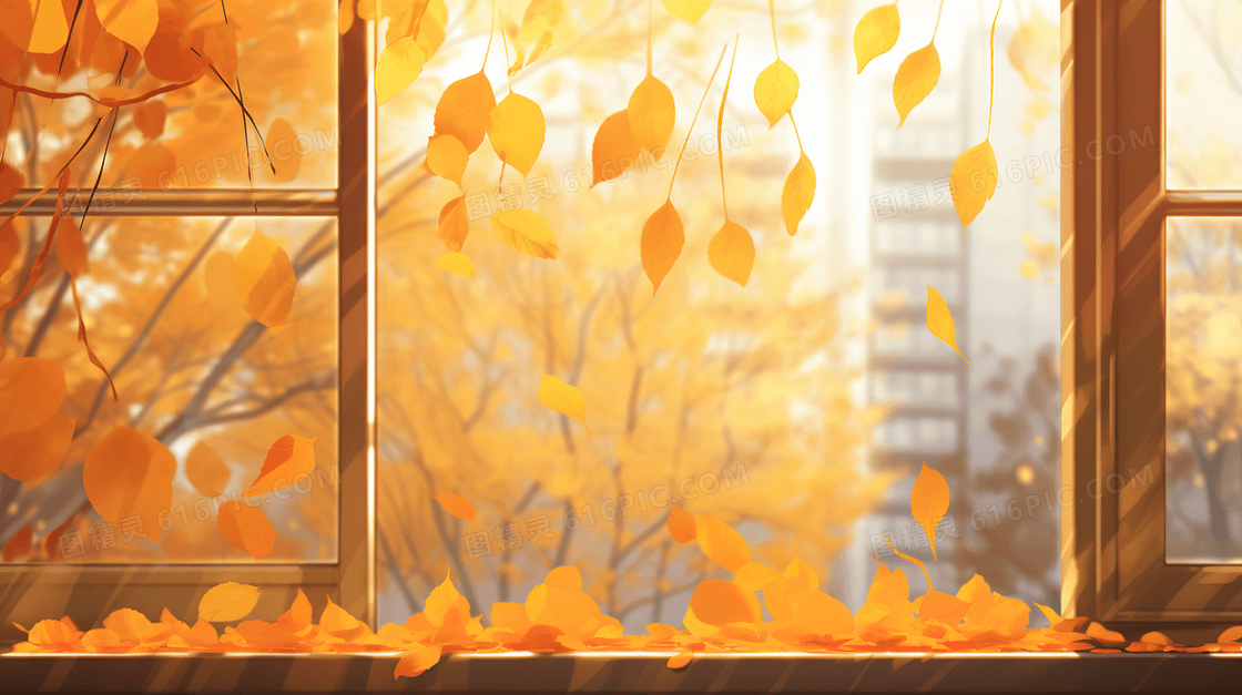 唯美秋日窗外金黄色树叶插画