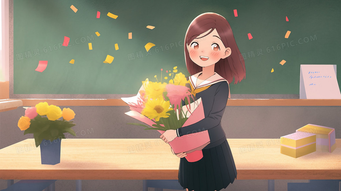 教师节学生给老师献花插画