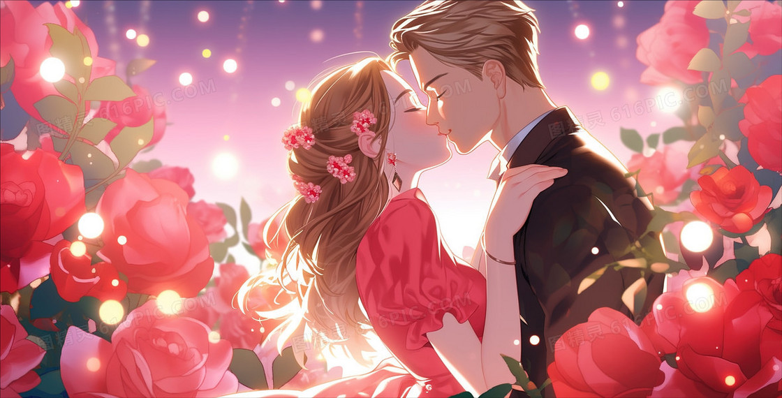 情人节亲吻的情侣与玫瑰花插画