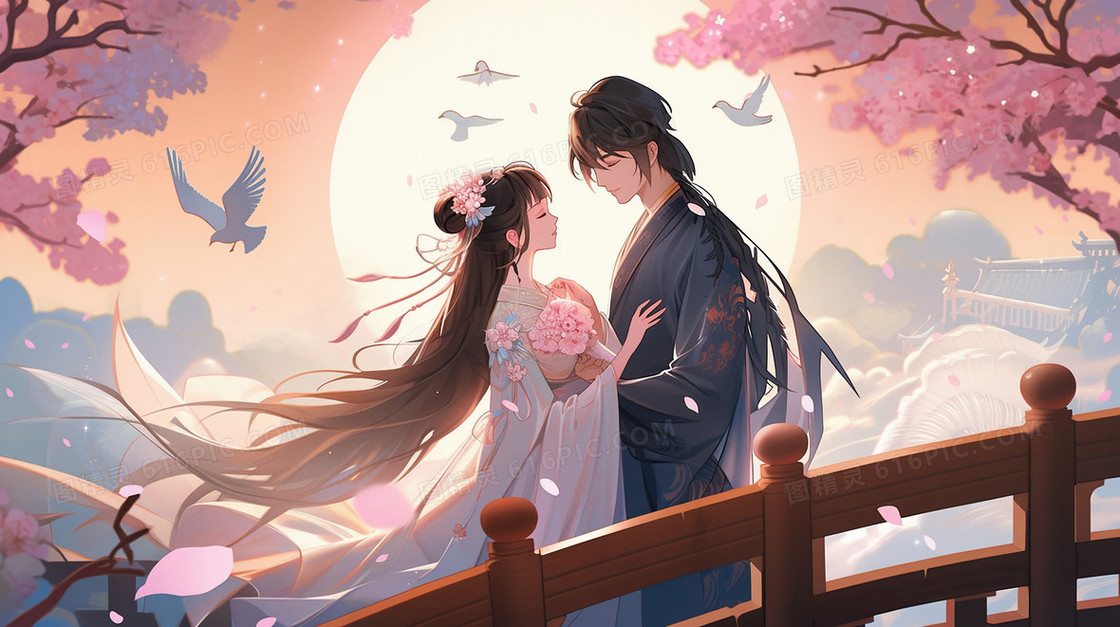 七夕情人节牛郎织女相会插画