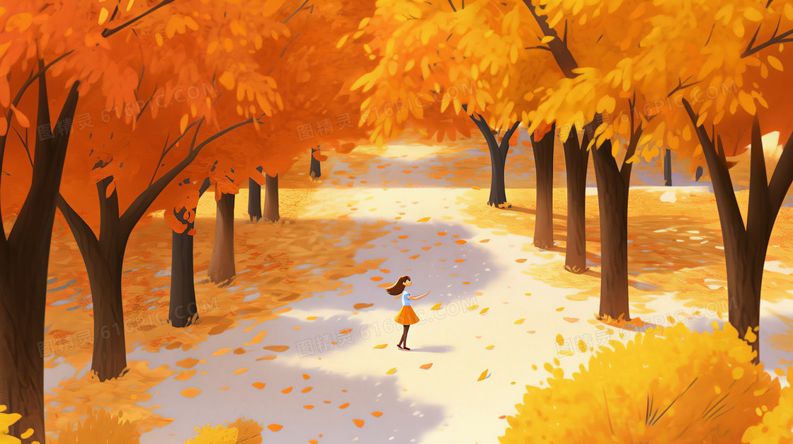 女孩在金黄色枫树林散步唯美插画