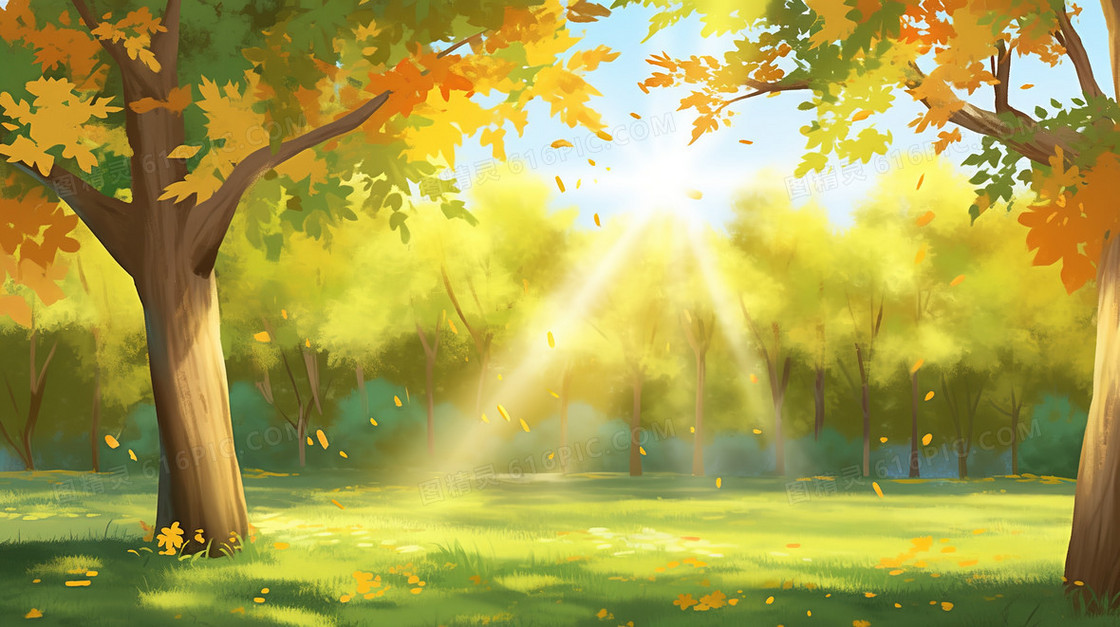 秋天早晨美丽的树林插画