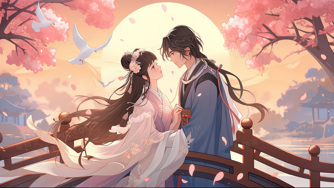 七夕情人节牛郎织女相会插画