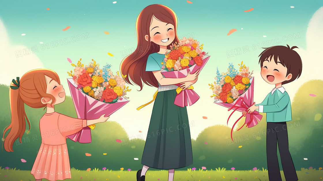 教师节给老师献花的学生插画
