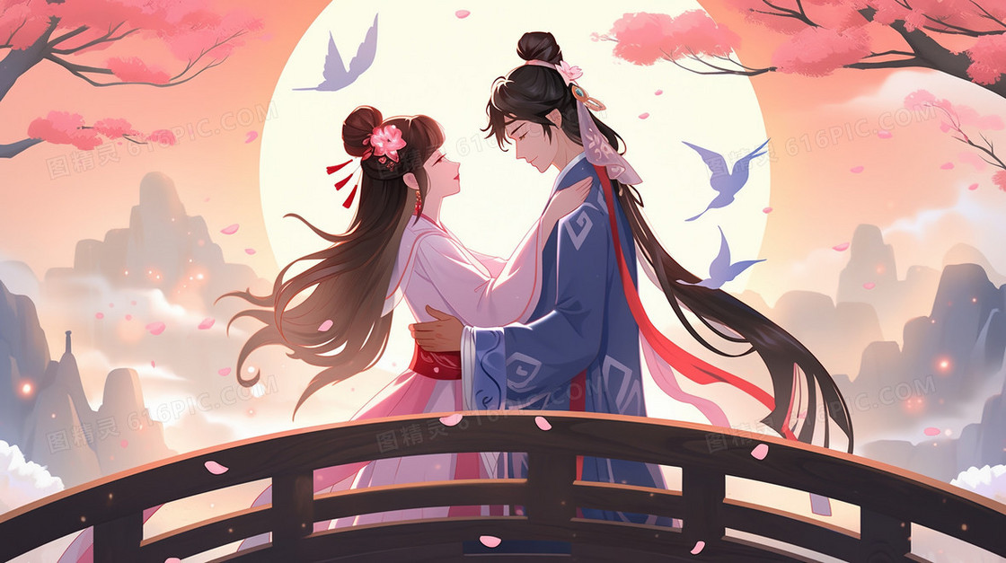 七夕情人节牛郎织女相会插画