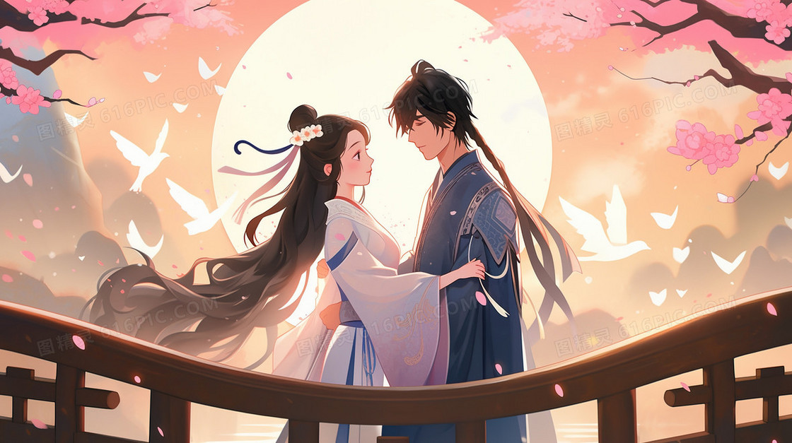 七夕情人节牛郎织女相会插画