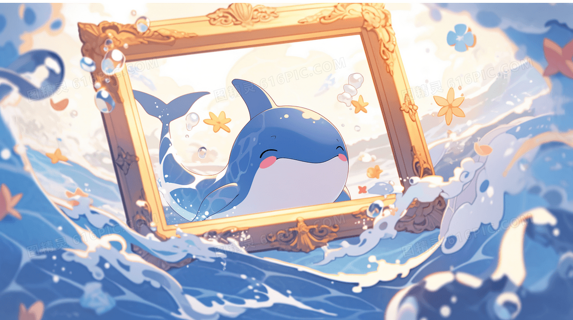 可爱卡通蓝色鲸鱼的照片创意插画
