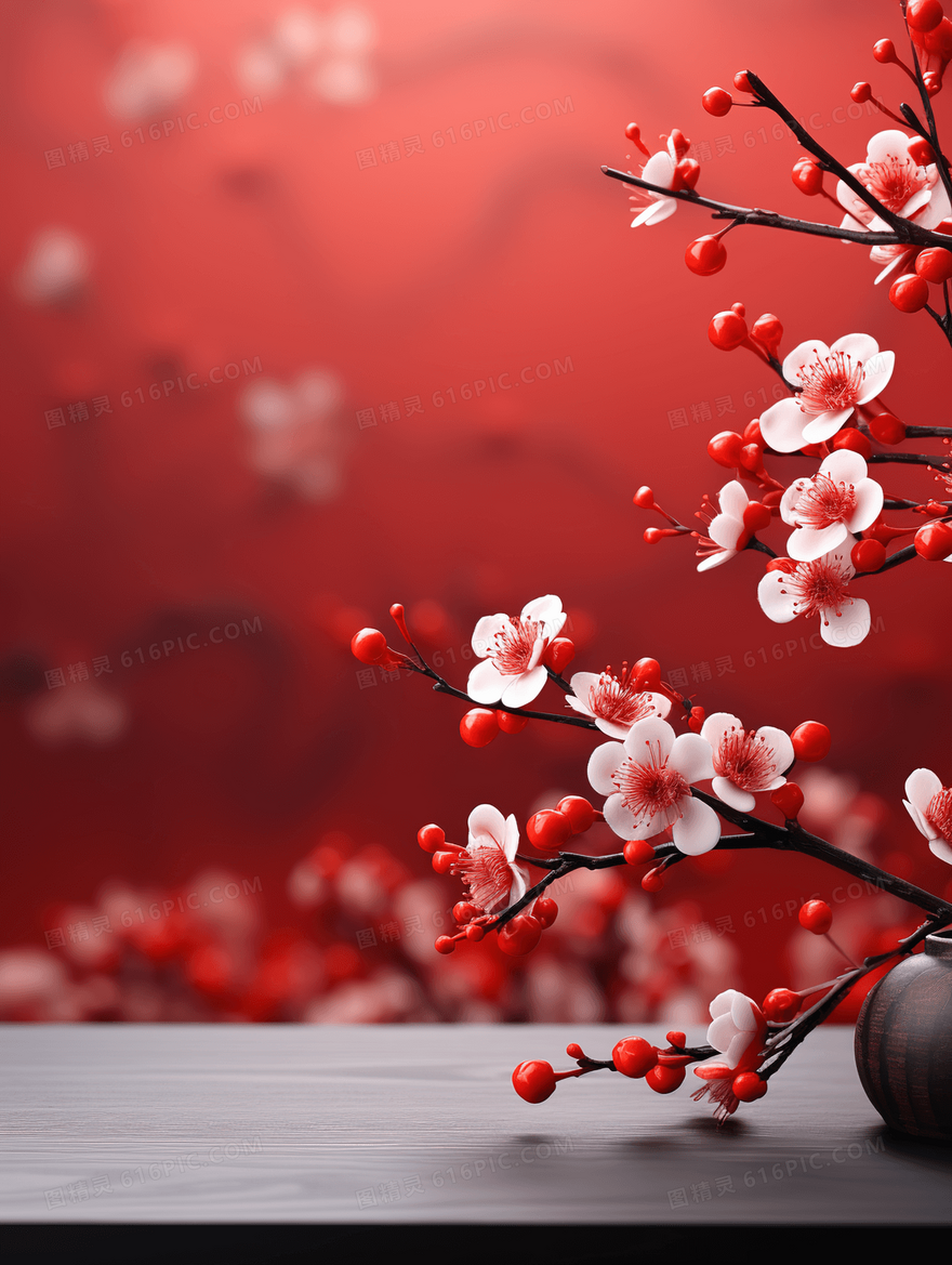 红色喜庆腊梅花中国风背景图