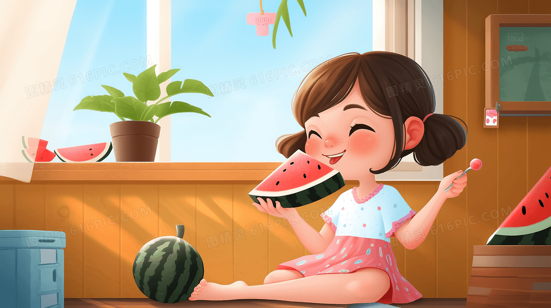 夏天女孩在卧室开空调吃西瓜插画