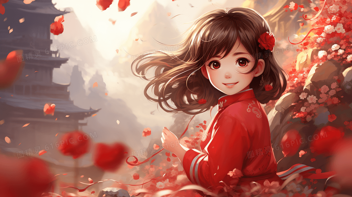 少女 穿着红色喜庆服装开心准备过中国春节的女孩创意插画