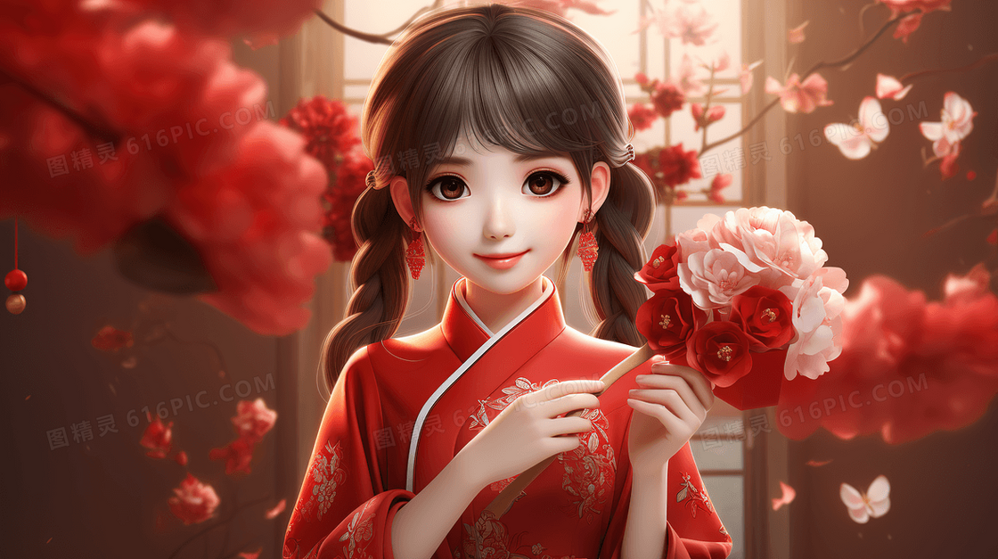 穿着红色喜庆服装开心准备过中国春节的女孩创意插画