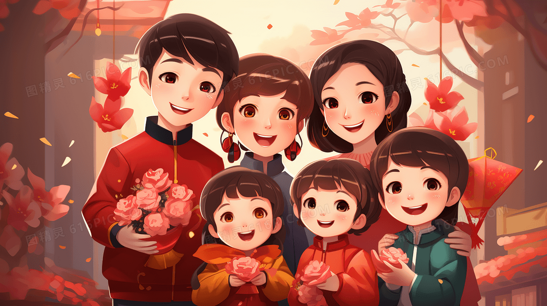 可爱卡通开心的一家人在春节走亲戚拜年创意插画