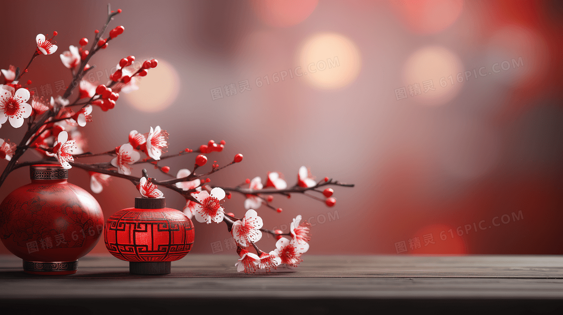 红色喜庆腊梅花中国风背景图