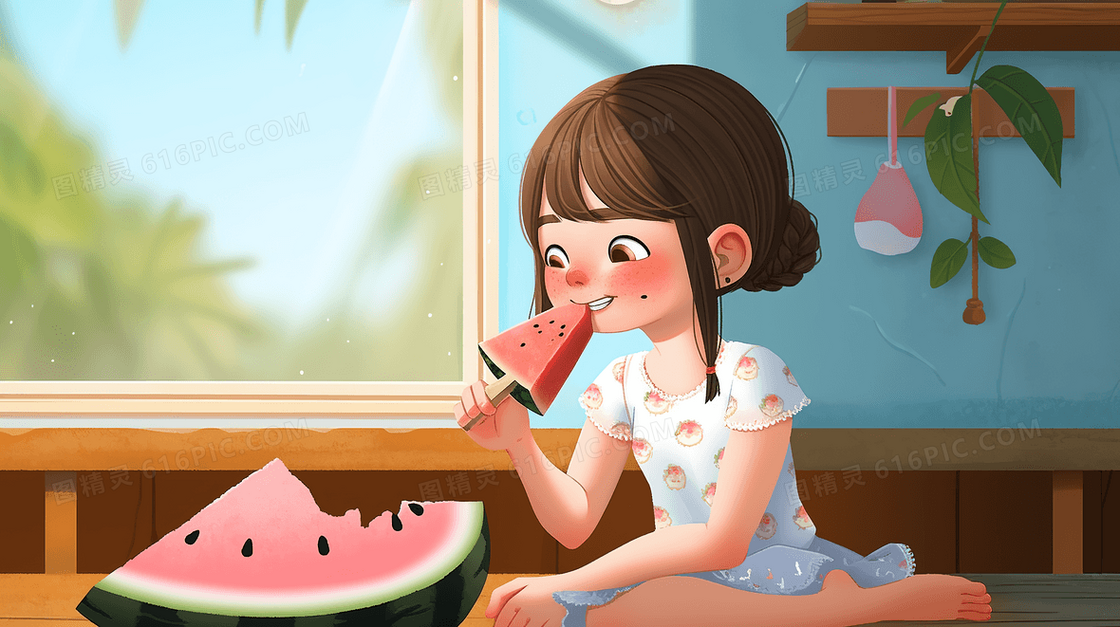 夏天女孩在卧室开空调吃西瓜插画