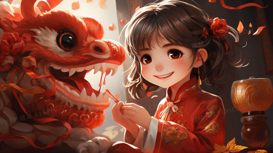 穿着红色喜庆服装开心准备过中国春节的女孩创意插画