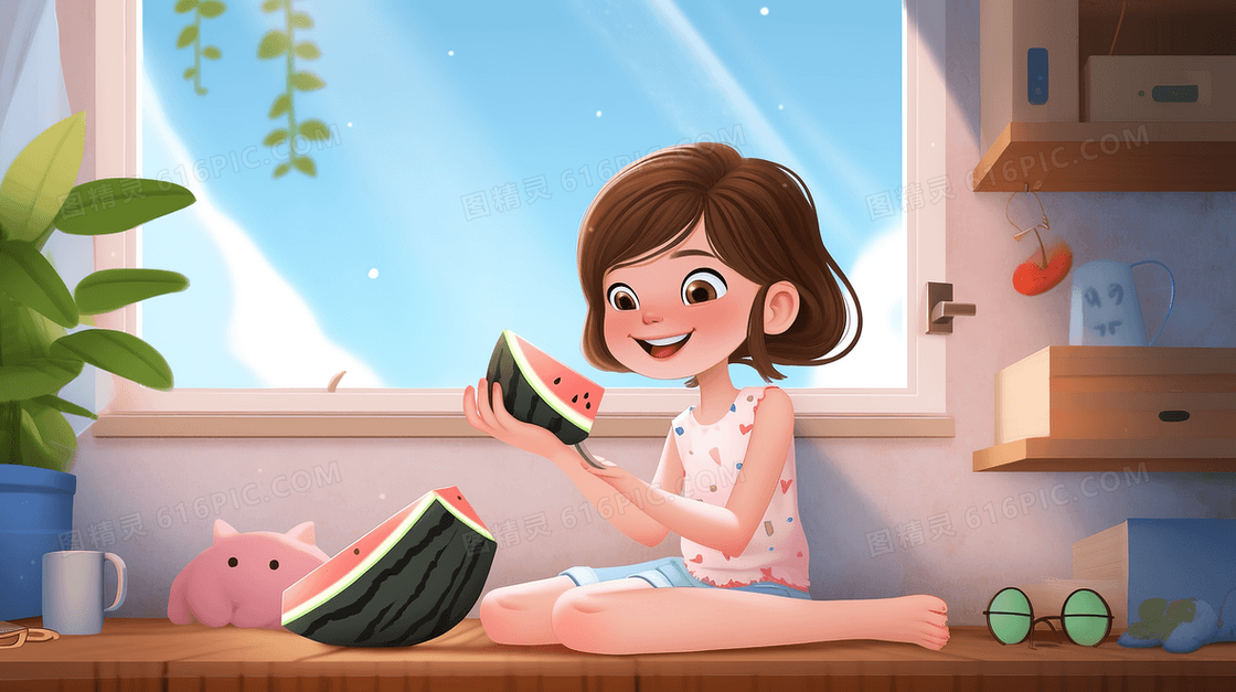 夏天女孩在卧室开空调吃西瓜插画