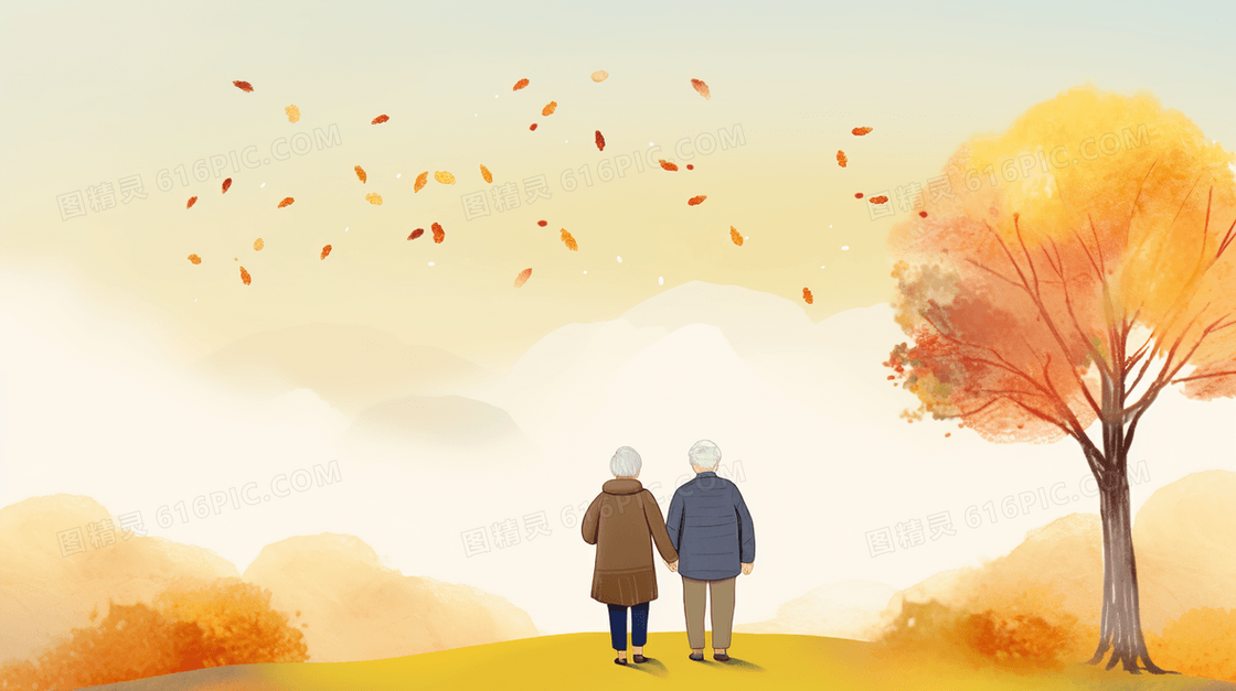 秋季两个在看风景的老人插画