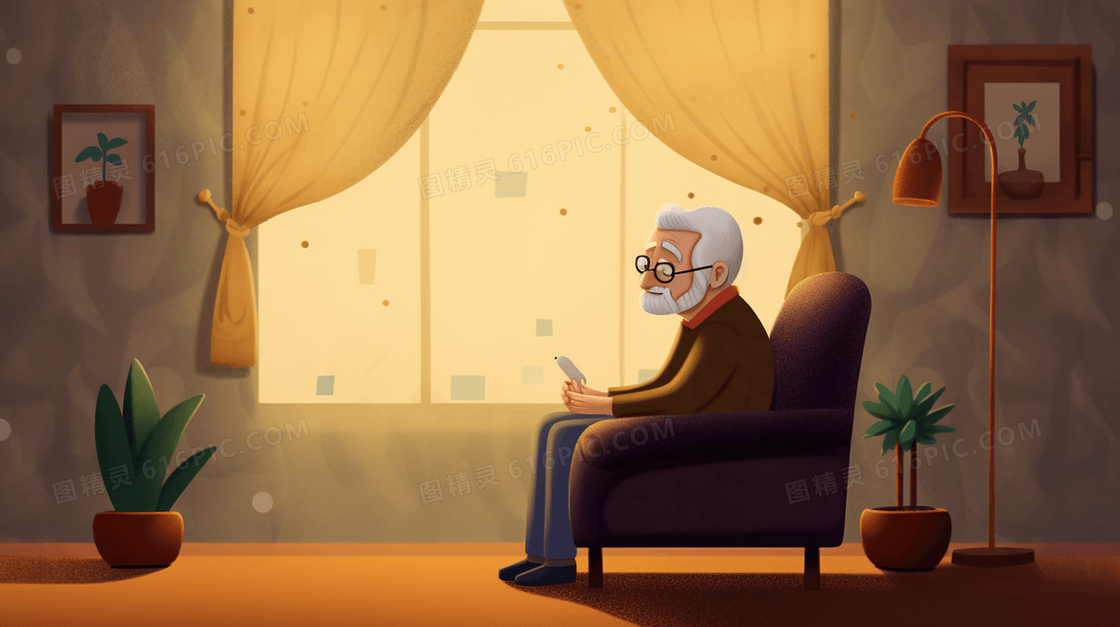坐在沙发上孤独的老人插画