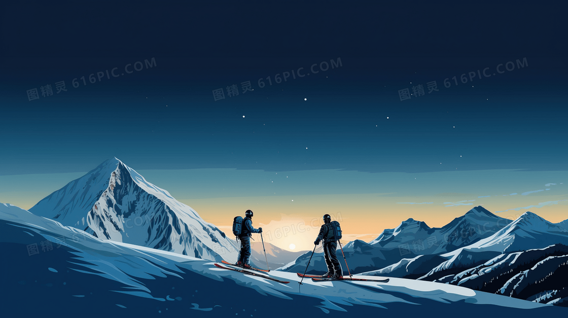 冬天爬雪山雪景风景下雪人物登山滑雪插画