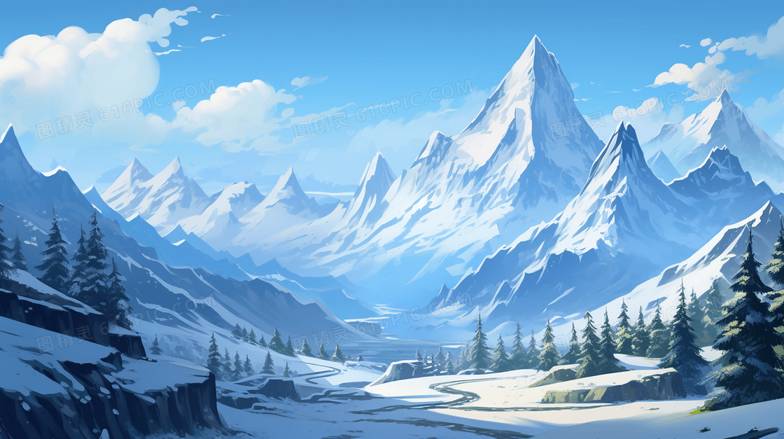 冬天雪山雪景风景下雪风光插画