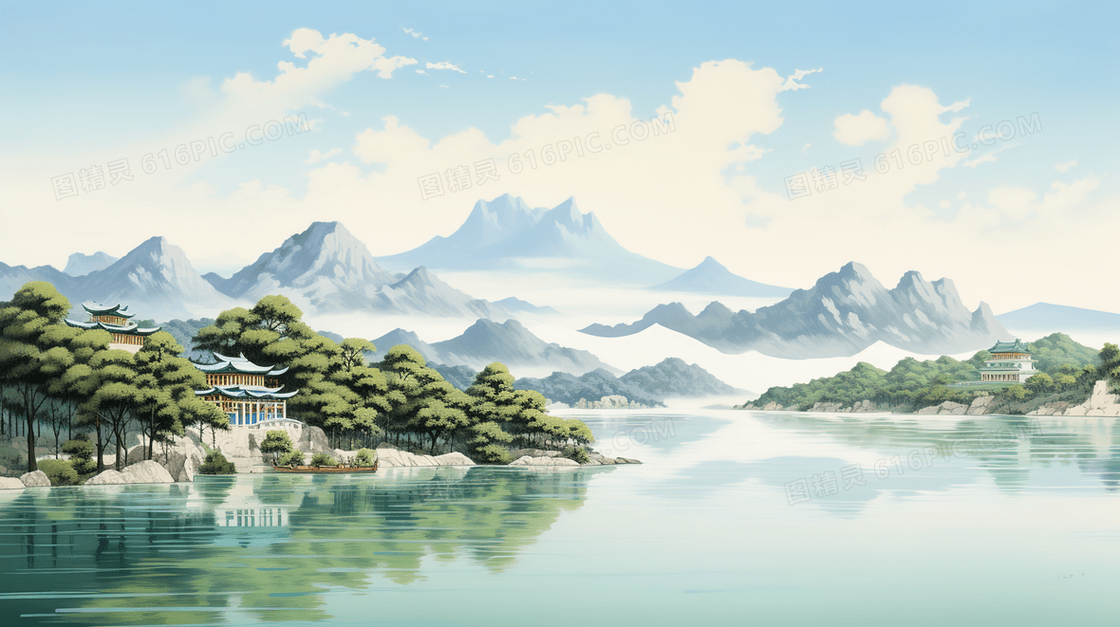 中国风唯美山水风景插画