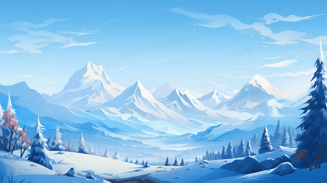 冬天雪山雪景风景下雪风光插画