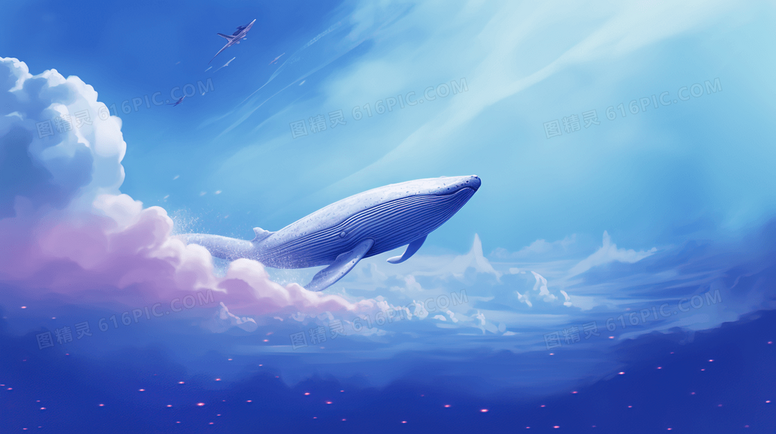 唯美梦幻空中的鲸鱼插画