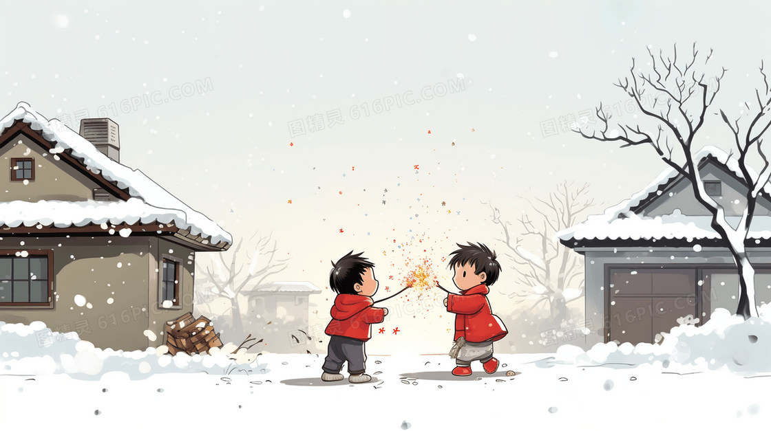 彩色春节放烟火的小朋友插画