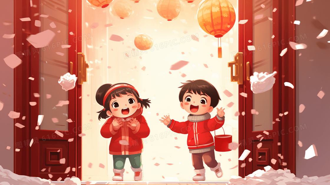 春节在大门口玩耍的孩子插画