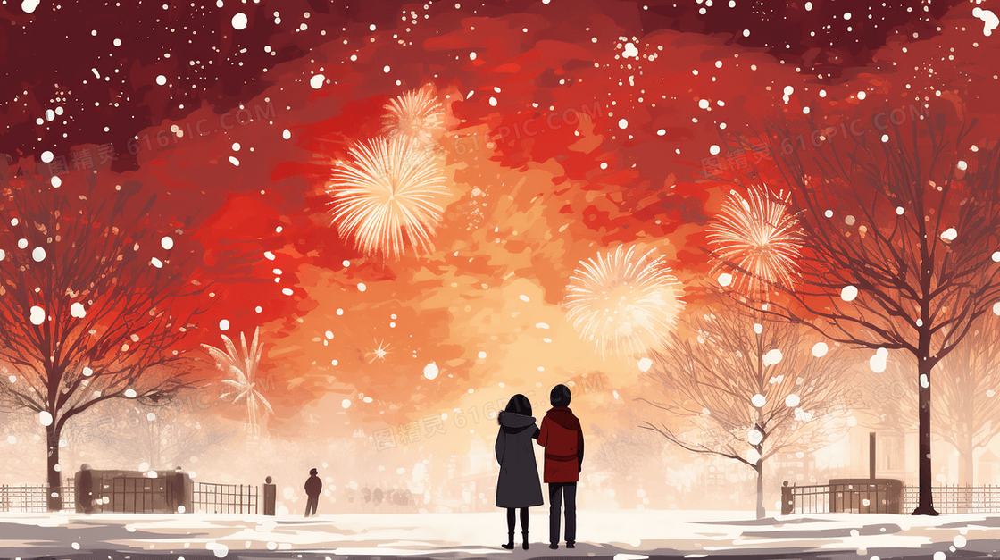 春节情侣看烟花插画