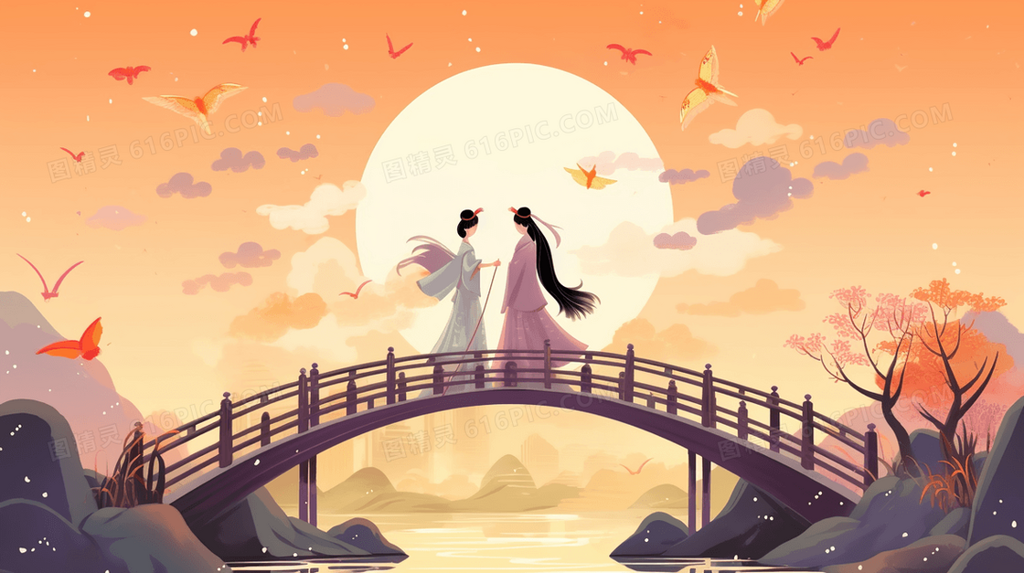 彩色七夕节鹊桥相会传统古典插画
