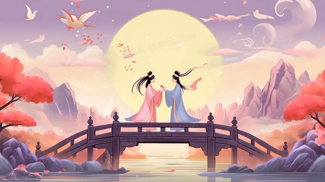 彩色七夕节鹊桥相会传统古典插画