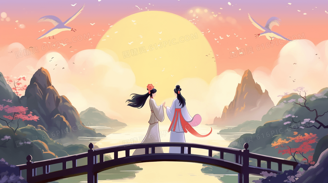 彩色七夕节鹊桥相会传统古典插画