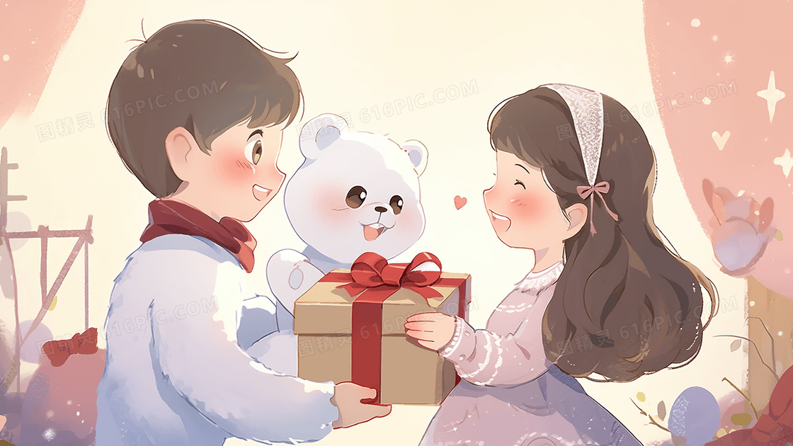 可爱卡通男孩拿着礼物向喜欢的女孩告白创意插画