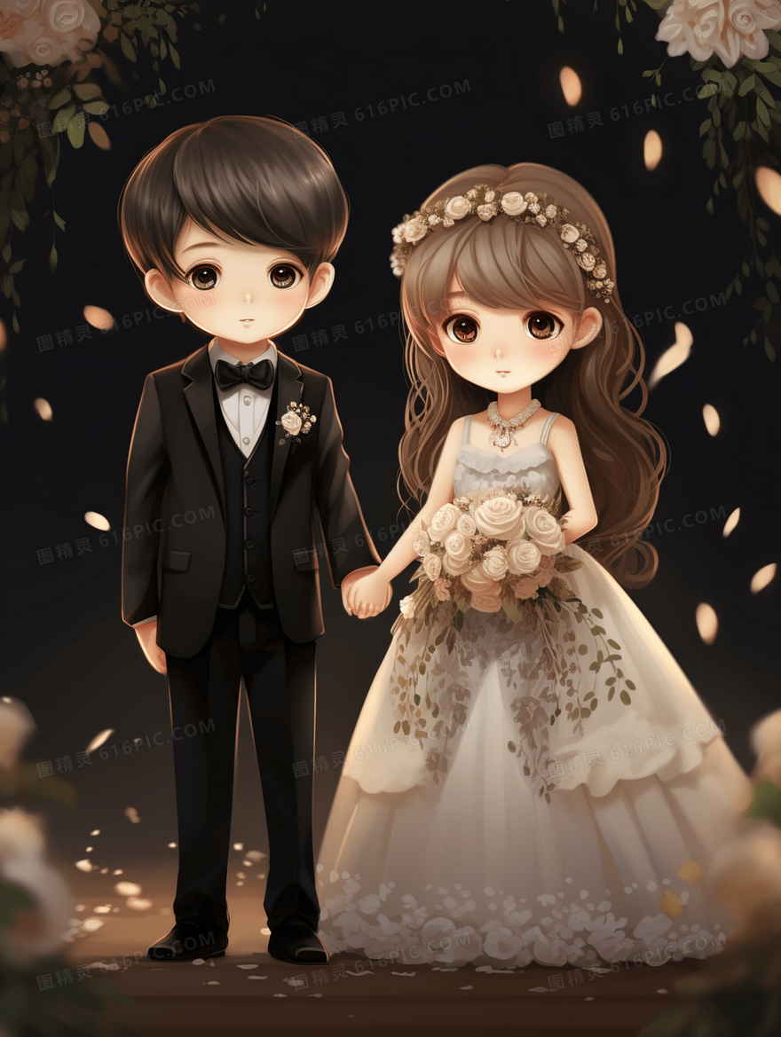 浪漫七夕情人节情侣婚纱照卡通插画