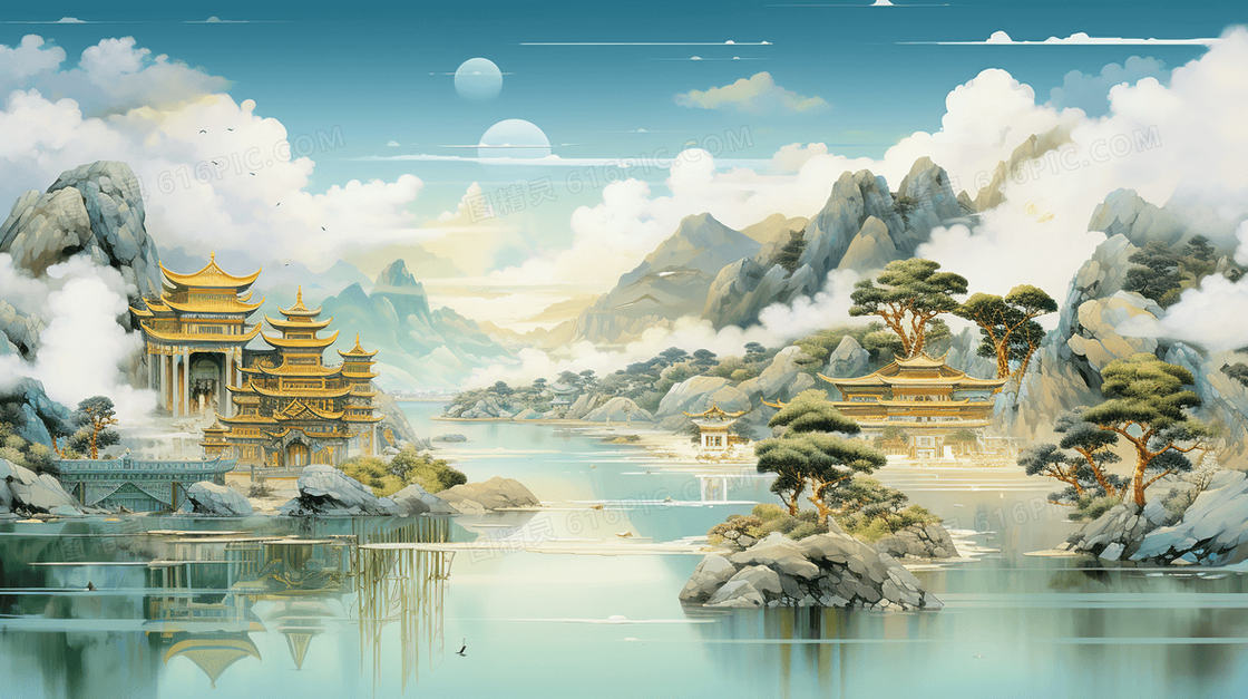 中国风唯美山水风景插画