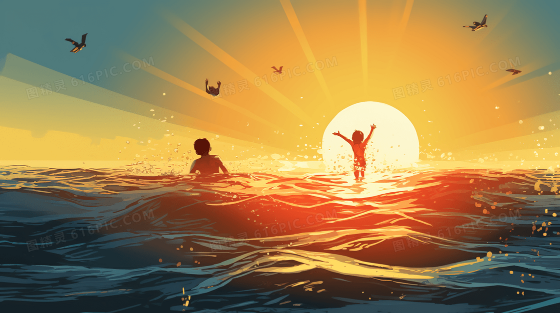 唯美夏日休闲海滩度假卡通插画