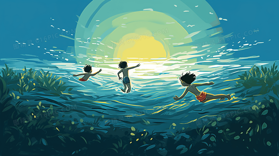 唯美夏日休闲海滩度假卡通插画