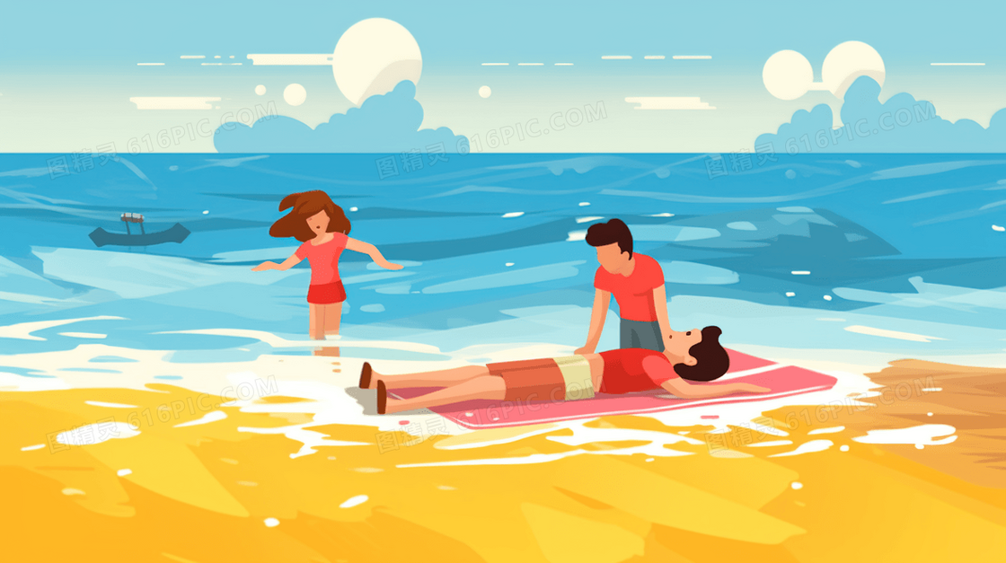 唯美夏日休闲海滩度假卡通插画