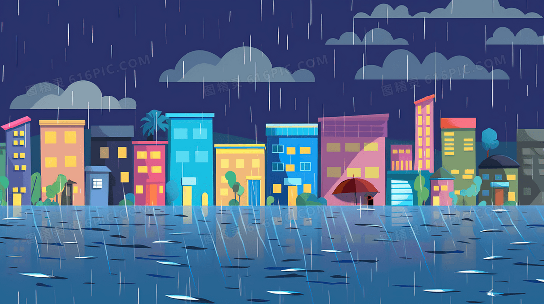 雨中卡通城市街景插画