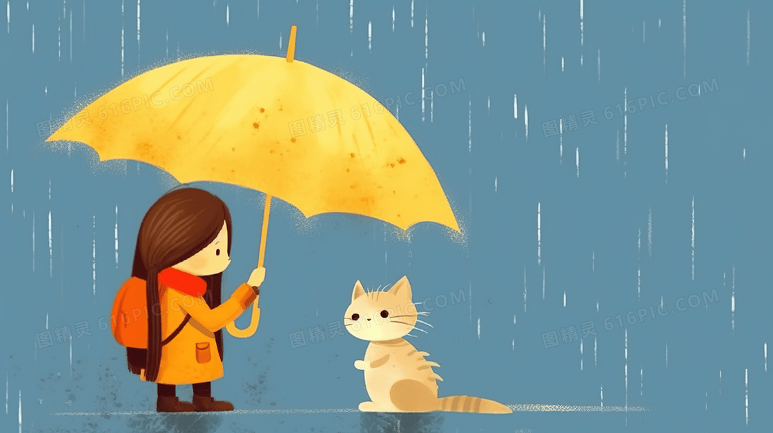 唯美雨伞下的女孩和小猫卡通插画