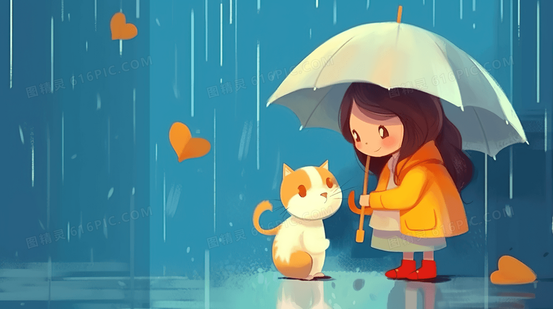 唯美雨伞下的女孩和小猫卡通插画