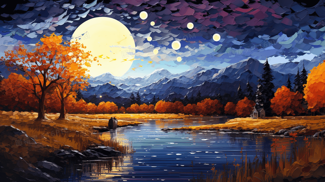 彩色秋季唯美湖边夜空星空插画