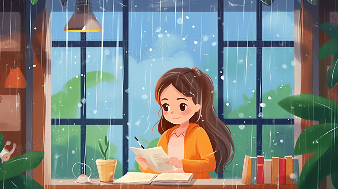 下雨天学生在阳台上学习创意插画