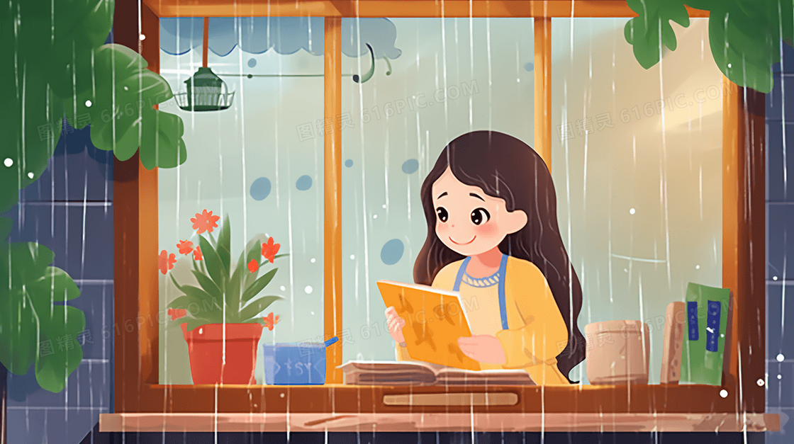 下雨天学生在阳台上学习创意插画
