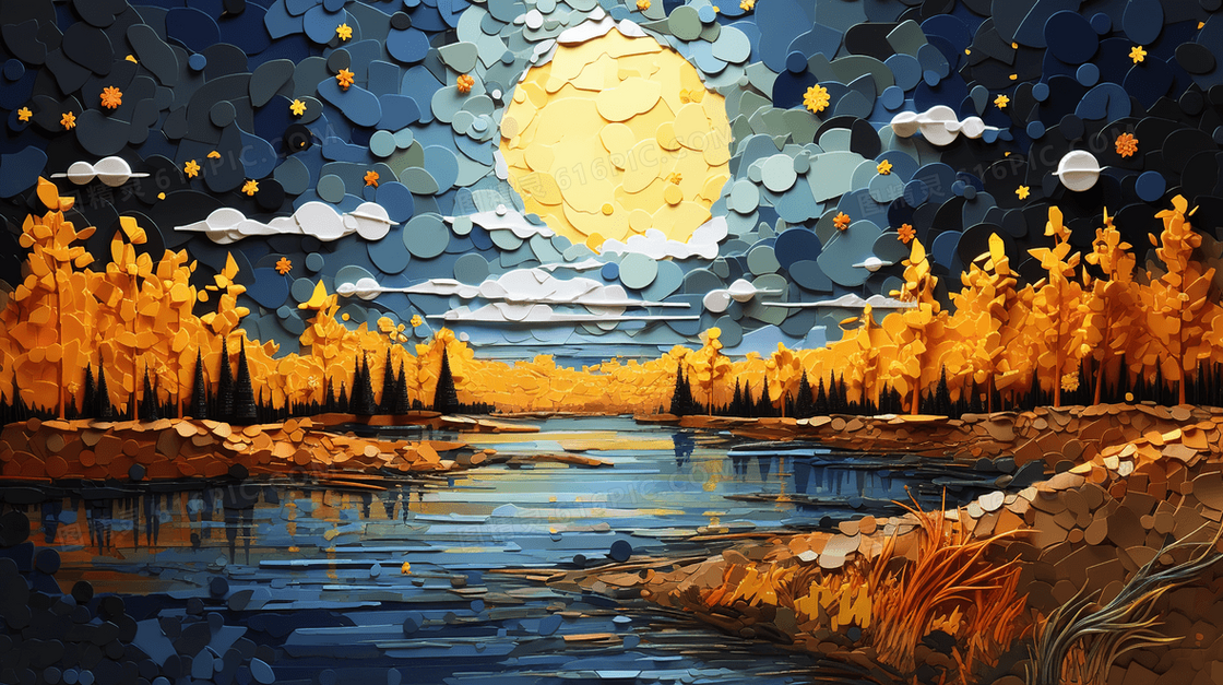 彩色秋季唯美湖边夜空星空插画