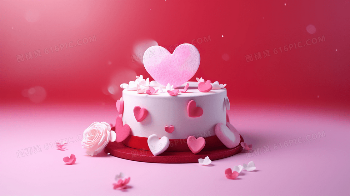 粉色3D立体心形爱情蛋糕插画